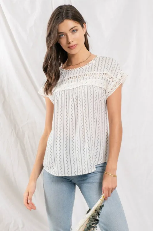 Off White Zig Zag Lace Trim Woven Top sold by The Dogwood Boutique