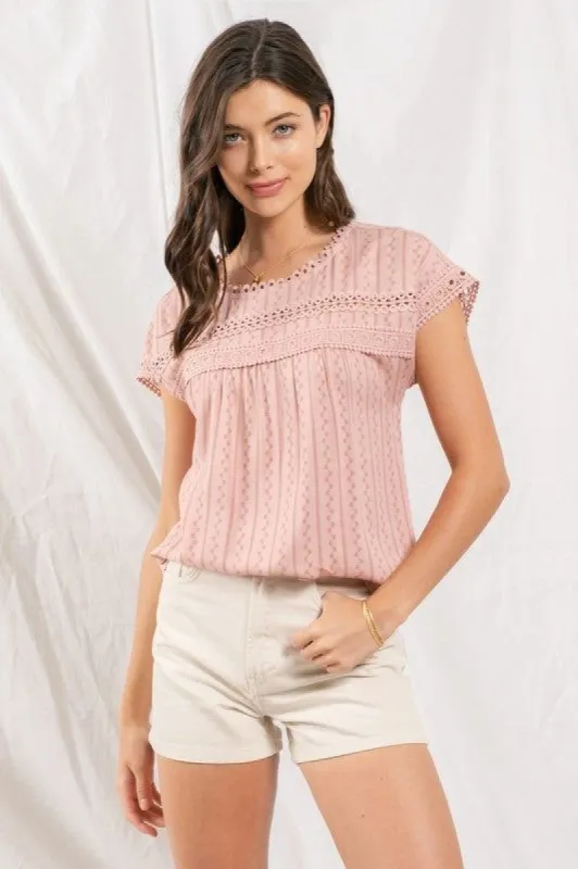 Dusty Pink Zig Zag Lace Trim Woven Top sold by The Dogwood Boutique
