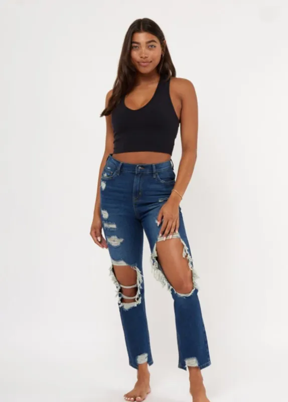 Dark Wash Straight Leg Ripped Boyfriend Jeans sold by The Dogwood Boutique