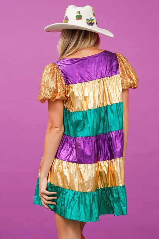 Mardi Gras Sequin Sleeve Color Block Vinyl Dress sold by The Dogwood Boutique product image thumbnail 5