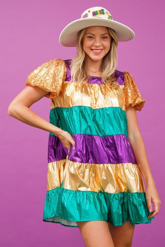 Mardi Gras Sequin Sleeve Color Block Vinyl Dress sold by The Dogwood Boutique product image thumbnail 4