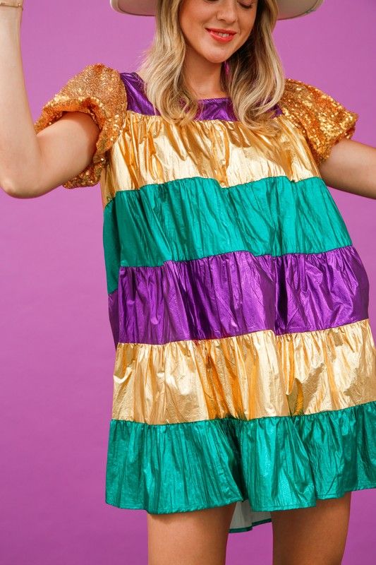 Mardi Gras Sequin Sleeve Color Block Vinyl Dress sold by The Dogwood Boutique