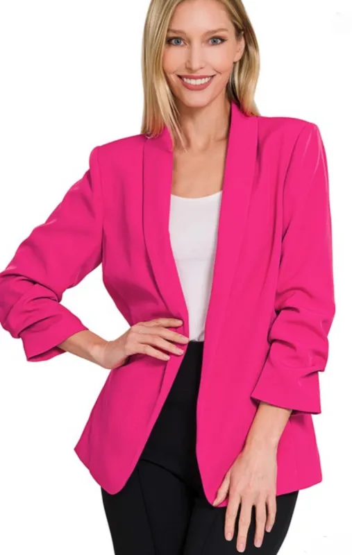 Woven Hot Pink Ruched 3/4 Sleeve Blazer sold by The Dogwood Boutique