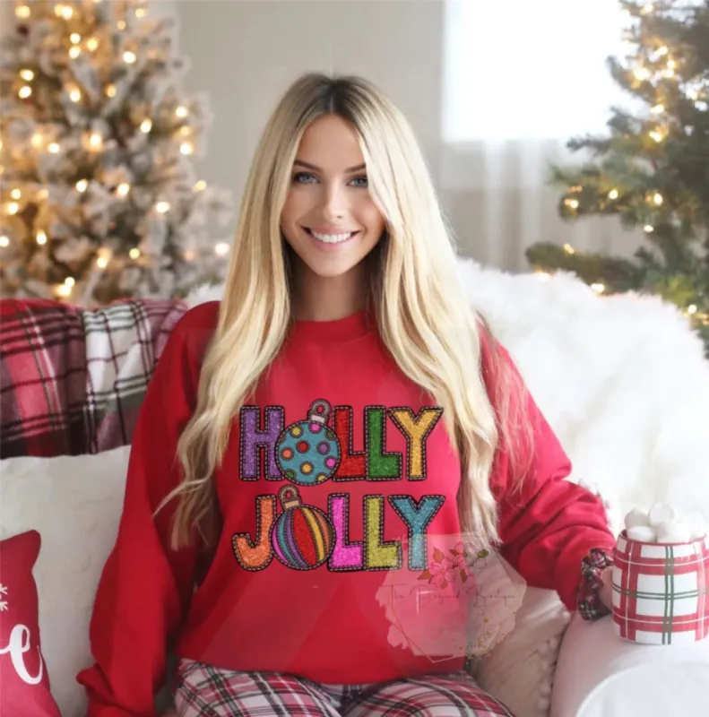 Holly Jolly Faux Glitter Sweatshirt sold by The Dogwood Boutique