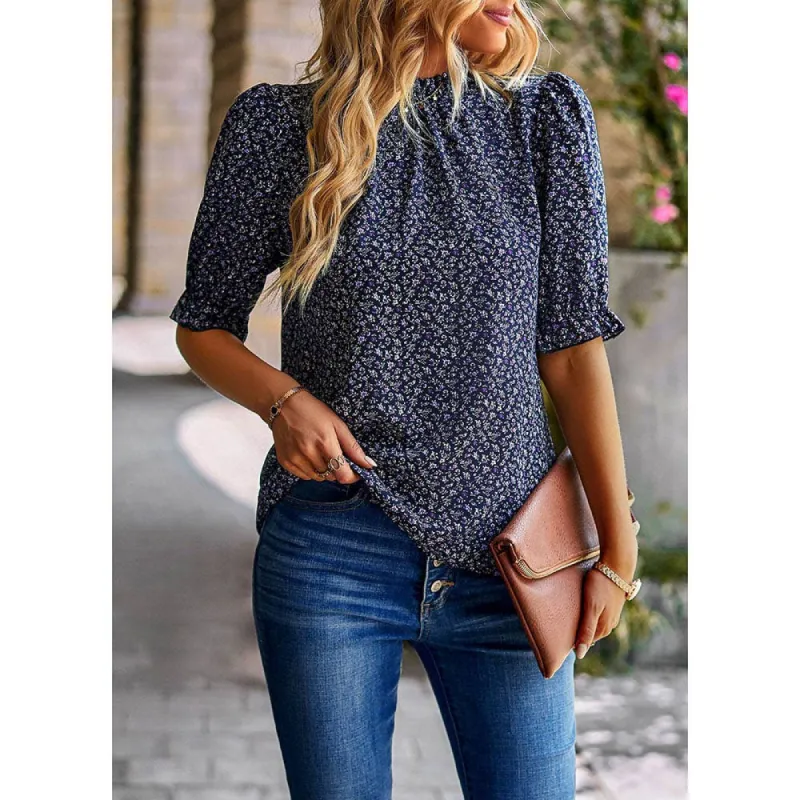 Puff Short Sleeve Mock Neck Floral Casual Blouse Tops sold by The Dogwood Boutique