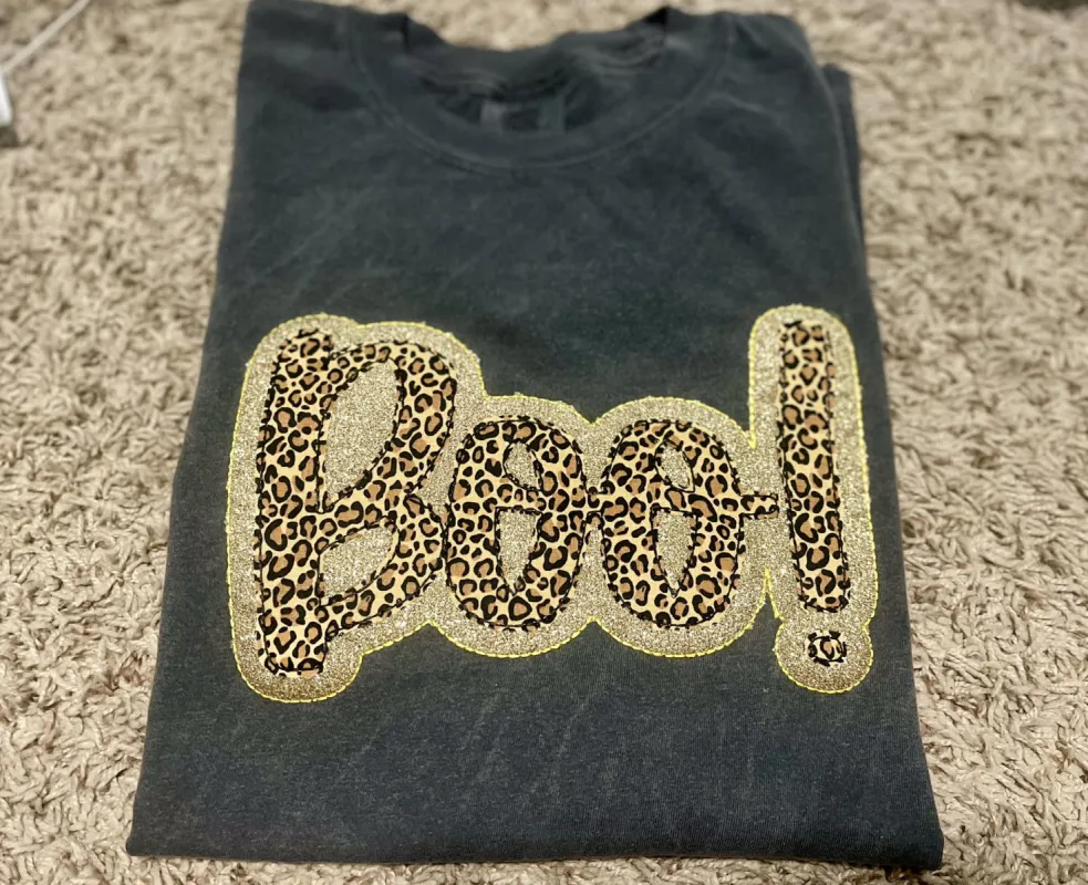 Boo Double Stack Glitter Embroidered Tee Shirt sold by The Dogwood Boutique