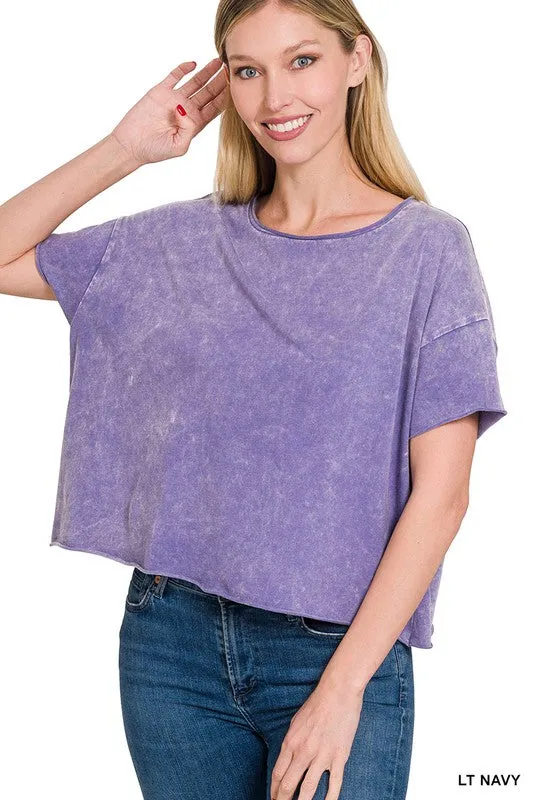 Acid Wash Raw Edge Short Sleeve Crop Top sold by The Dogwood Boutique
