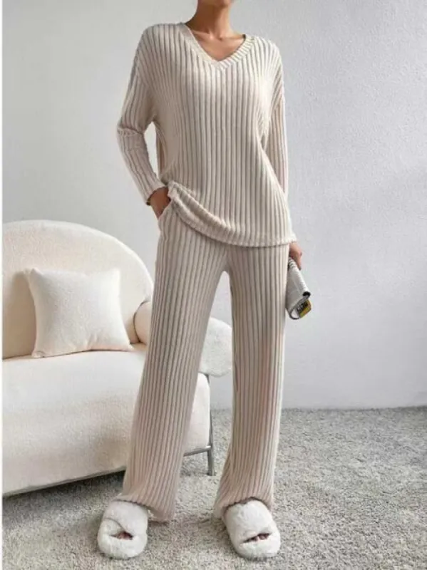 Ribbed V-Neck Long Sleeve Top and Pants Set sold by The Dogwood Boutique