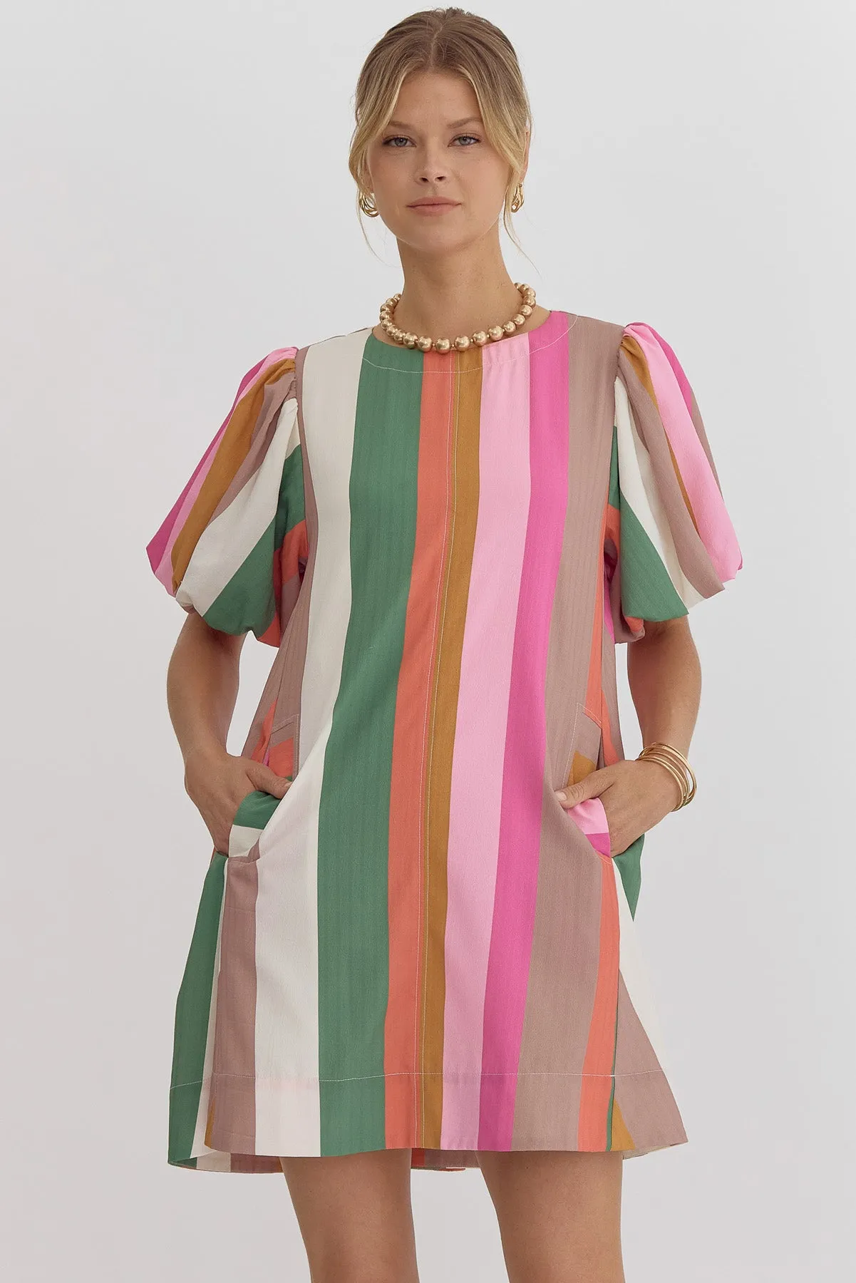 Multicolor Striped Bubble Sleeve Dress sold by The Dogwood Boutique