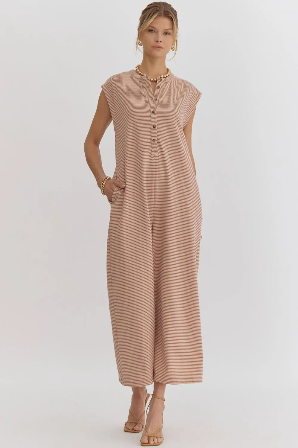 Sand Striped Sleeveless Wide Leg Jumpsuit sold by The Dogwood Boutique