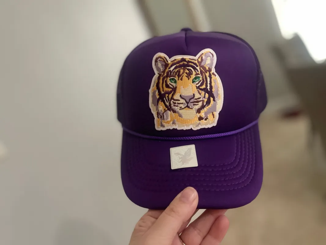 Watercolor Tiger Purple Five Panel Foam Trucker Hat sold by The Dogwood Boutique