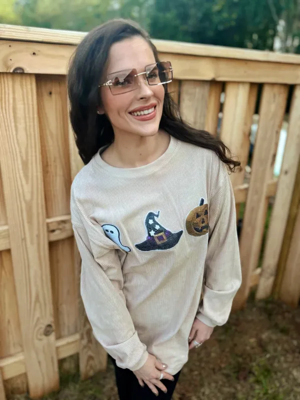 Beige Sequin Halloween Corded Crew sold by The Dogwood Boutique