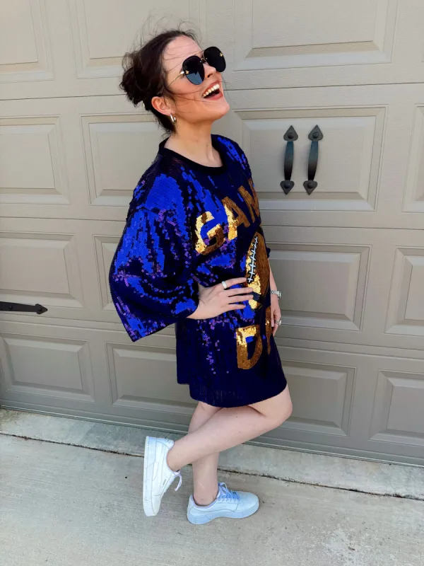 Purple/Gold Gameday Sequin Dress sold by The Dogwood Boutique