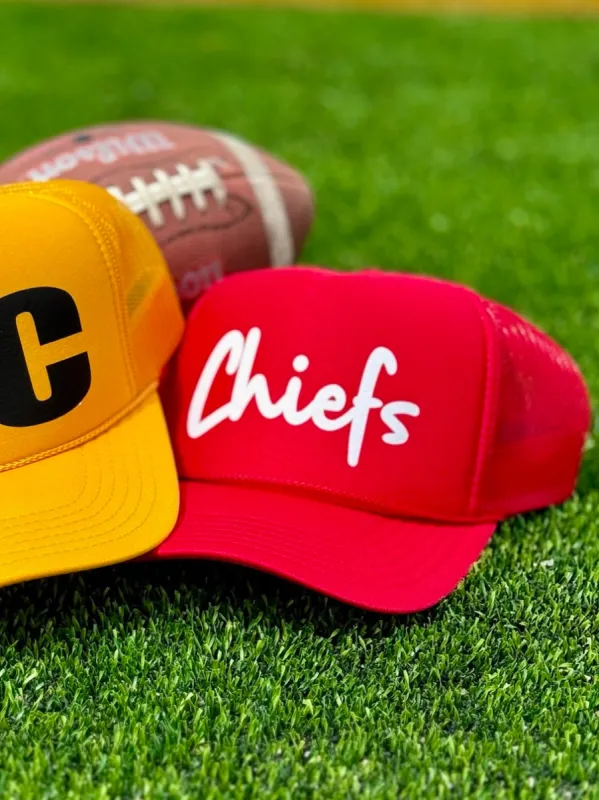 Chiefs Script Red Trucker Cap by Randi Mahomes sold by The Dogwood Boutique