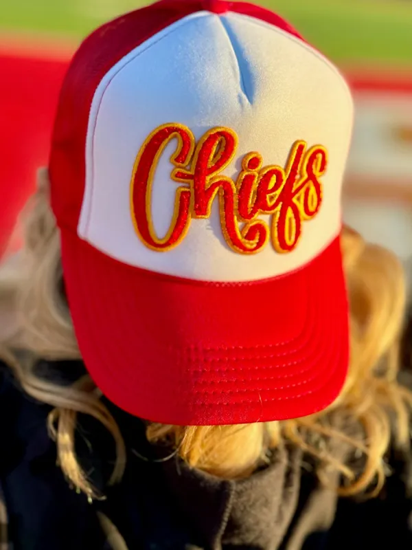 Red & Gold Chiefs Chenille Patch Trucker Cap by Randi Mahomes sold by The Dogwood Boutique