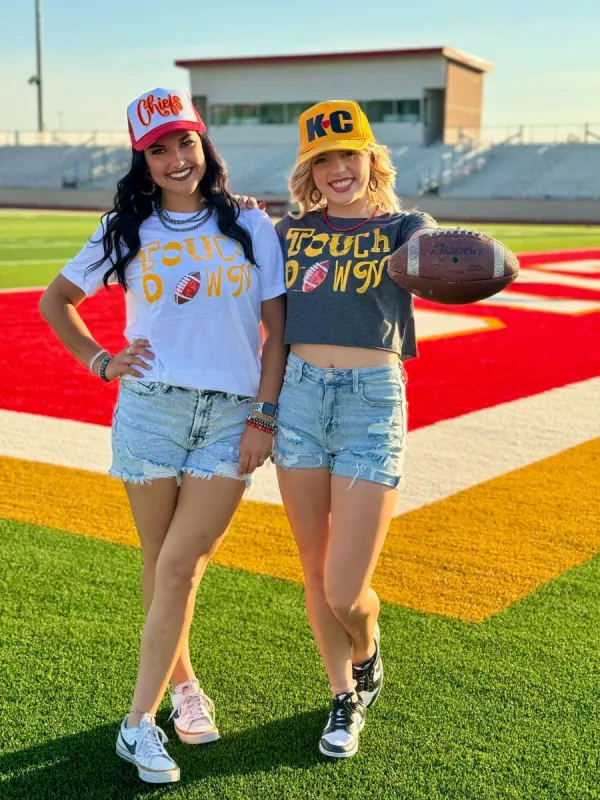 Gold Touchdown with Sequin Football by Randi Mahomes sold by The Dogwood Boutique