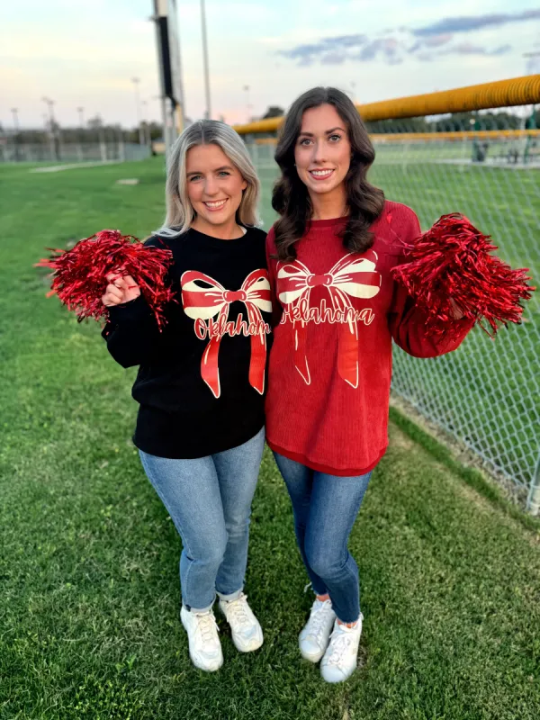 Oklahoma Bow Red Corded Crew sold by The Dogwood Boutique