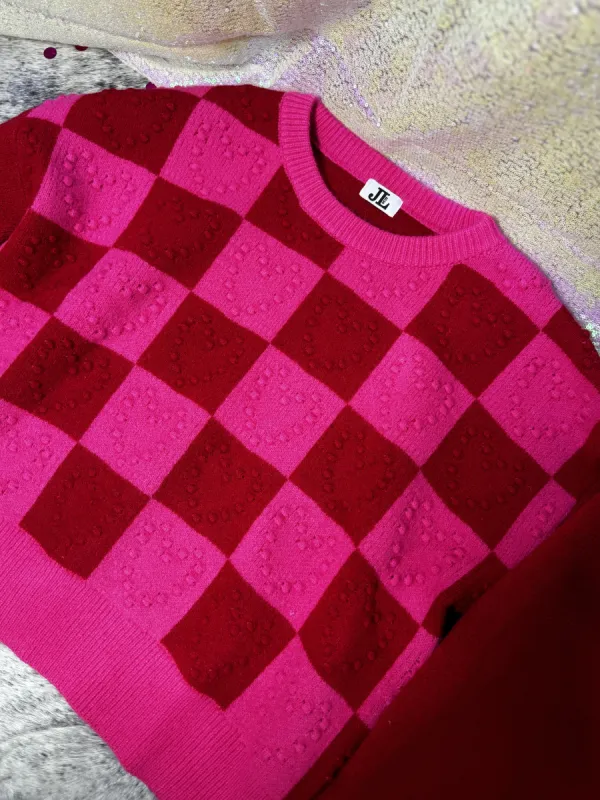 Luxe Checkered Textured Heart Sweater sold by The Dogwood Boutique