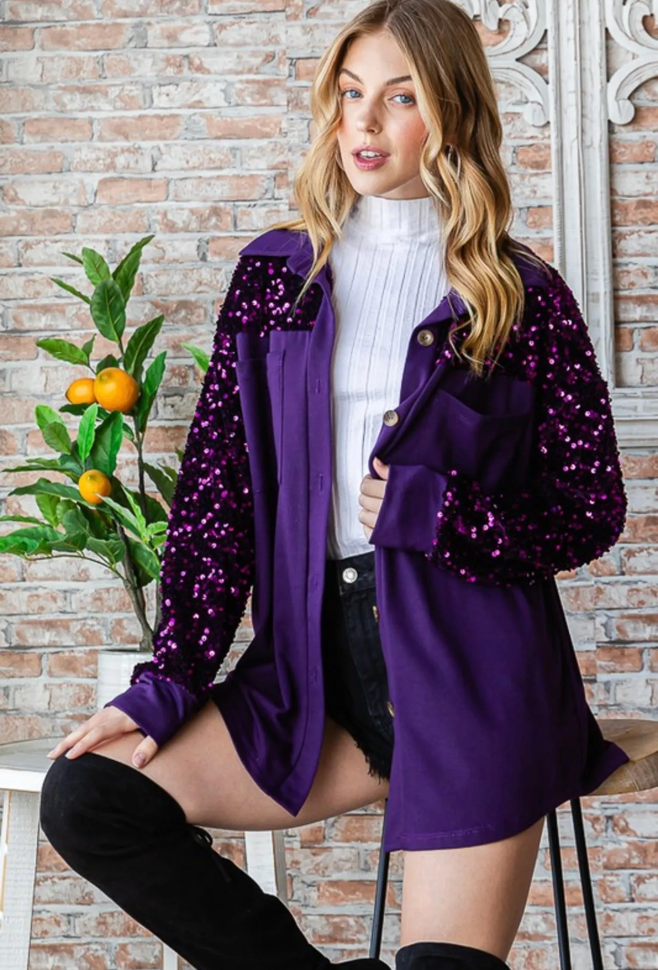 Purple Sequin Shacket sold by The Dogwood Boutique