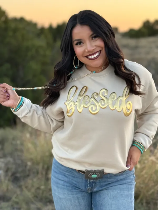 Blessed in Gold Metallic Puff Sweatshirt sold by The Dogwood Boutique