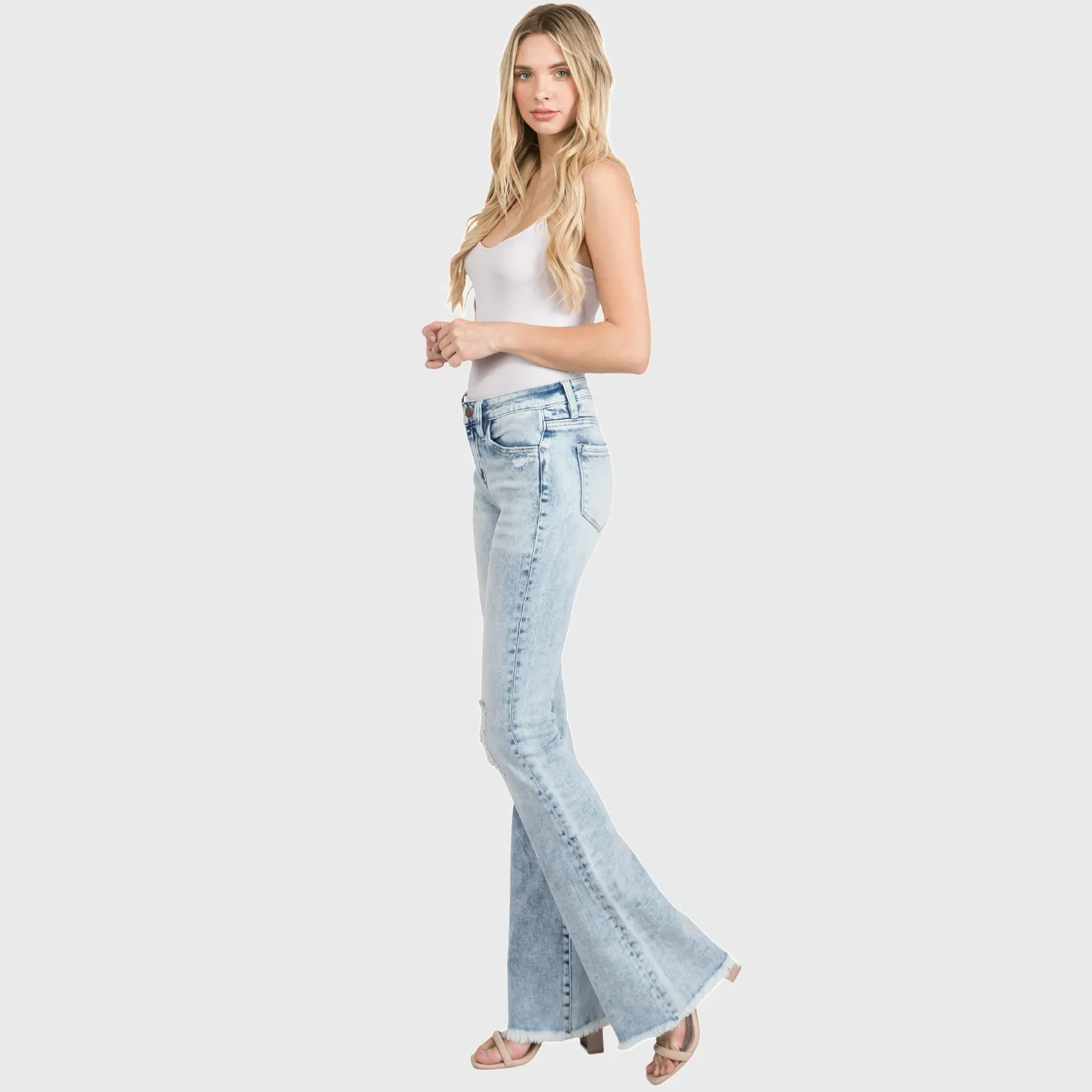 Petite Length Distressed Mid Rise Stretch Flare Jeans sold by The Dogwood Boutique product image thumbnail 4