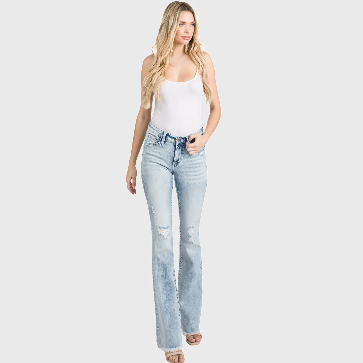 Petite Length Distressed Mid Rise Stretch Flare Jeans sold by The Dogwood Boutique product image thumbnail 2
