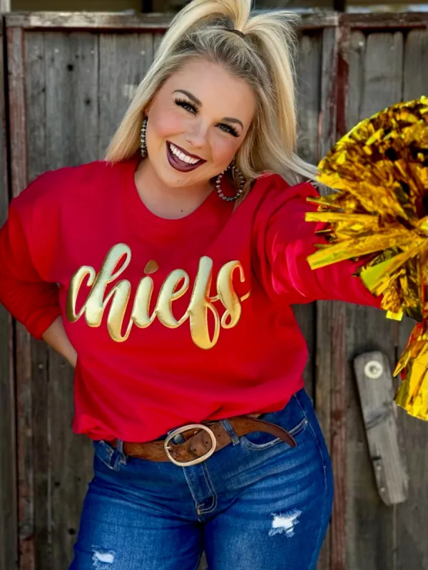 Chiefs in Metallic Gold Red Sweatshirt by Randi Mahomes sold by The Dogwood Boutique