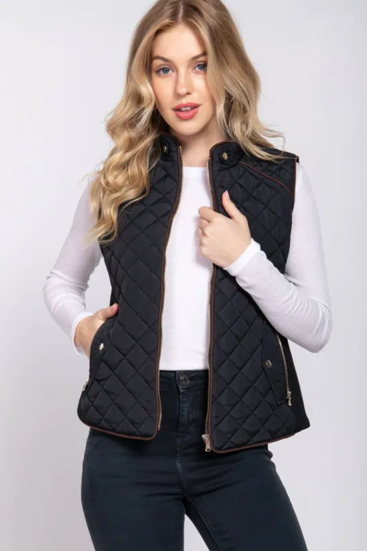 Black Suede Piping Detail Rib Quilted Padding Vest sold by The Dogwood Boutique