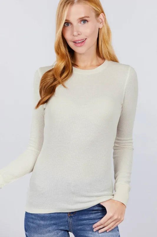 Ivory Long Sleeve Crew Neck Thermal Knit Top sold by The Dogwood Boutique