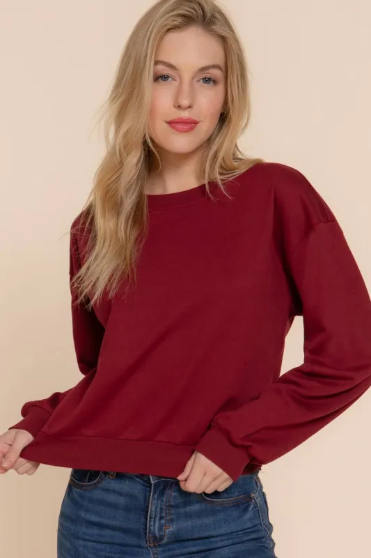 Dark Wine Long Sleeve Round Neck Crop Sweatshirt sold by The Dogwood Boutique