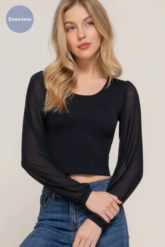 Black Mesh Long Sleeve Round Neck Seamless Top sold by The Dogwood Boutique