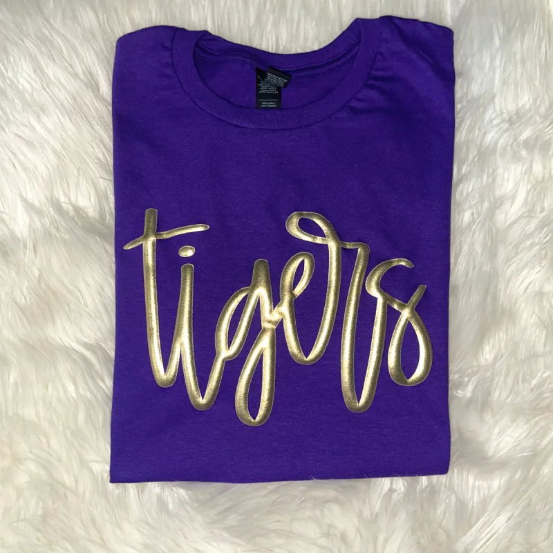 Tigers Metallic Gold Puffy Tee sold by The Dogwood Boutique