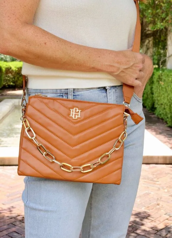 Camel Quilted Ariana Crossbody sold by The Dogwood Boutique