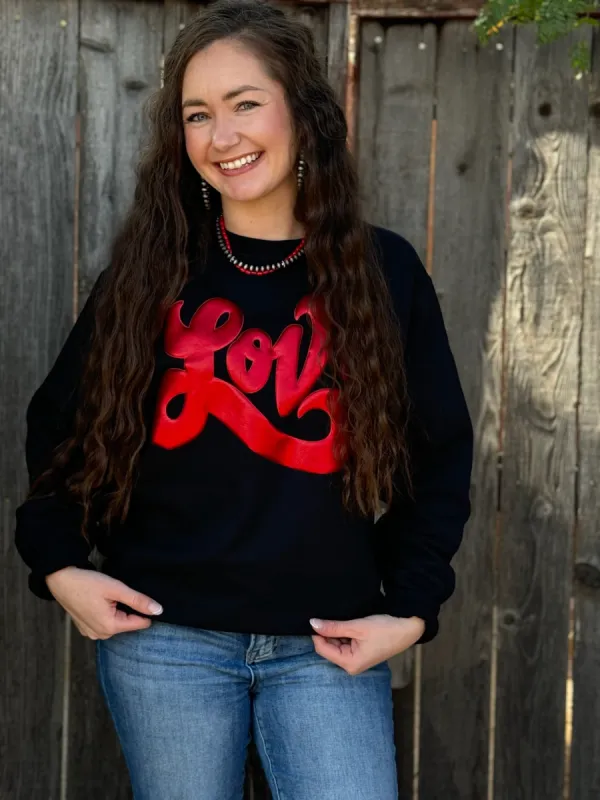 Love in Metallic Red Puff Sweatshirt sold by The Dogwood Boutique