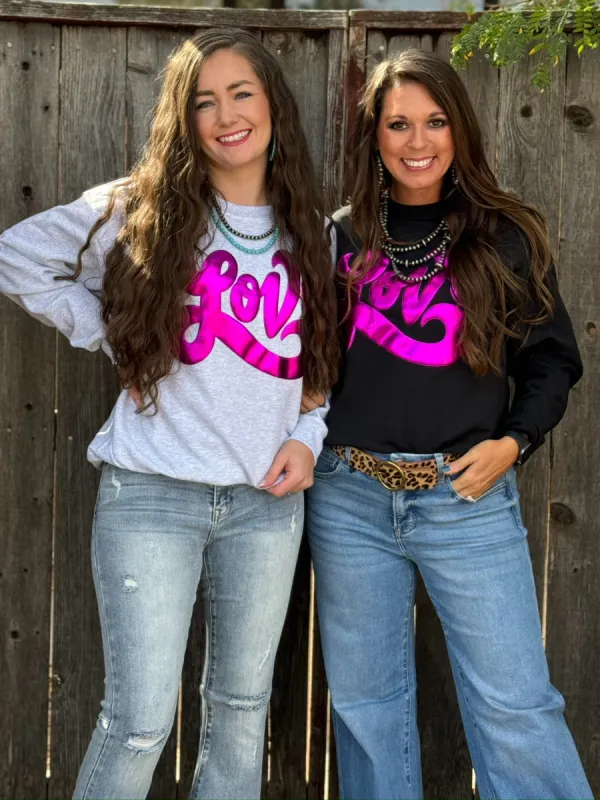 Love in Metallic Pink Puff Sweatshirt sold by The Dogwood Boutique