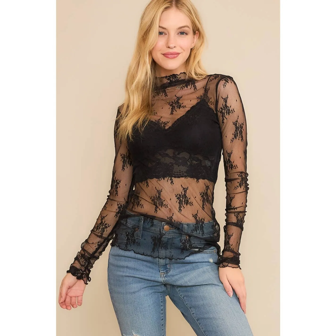 Black Mesh Lace High Neck Long Sleeve Top sold by The Dogwood Boutique product image thumbnail 2