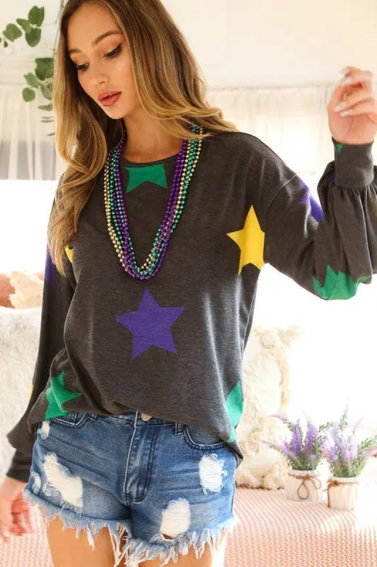 Black Mardi gras, Crew neck long sleeve star jersey sold by The Dogwood Boutique