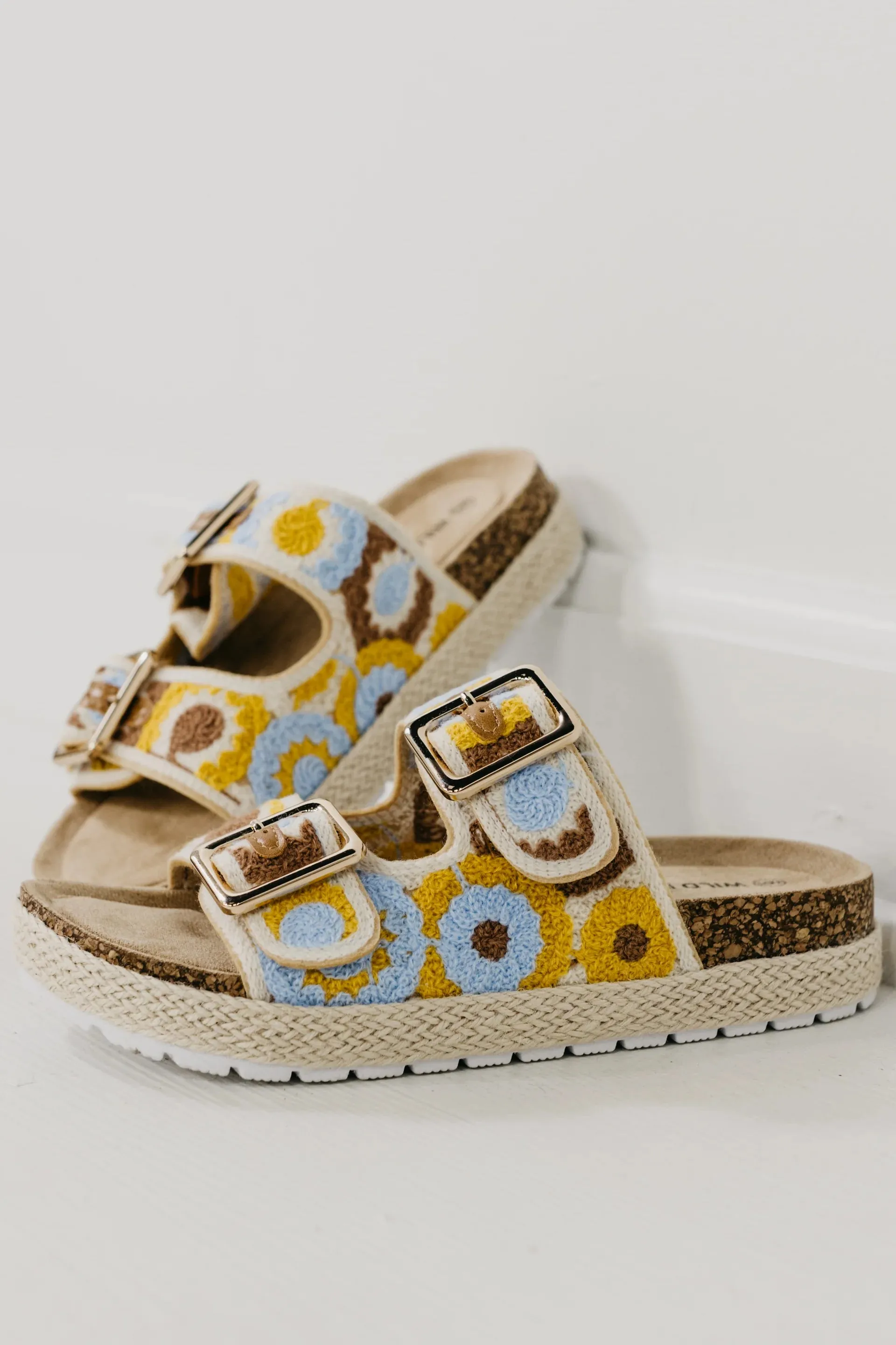 Yellow Retro Floral Buckle Sandals sold by The Dogwood Boutique