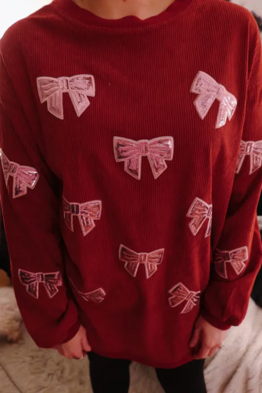 Red & Pink Sequin Bows Corded Crew sold by The Dogwood Boutique