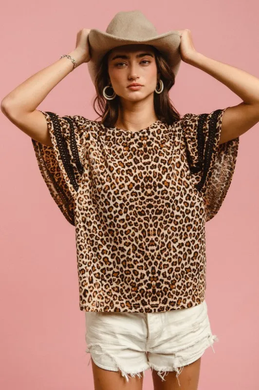 BiBi Leopard Crochet Trim Round Neck Short Sleeve Top sold by The Dogwood Boutique