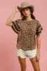 BiBi Leopard Crochet Trim Round Neck Short Sleeve Top sold by The Dogwood Boutique