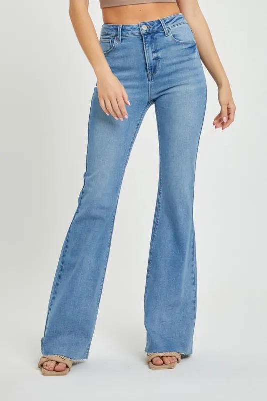 RISEN Full Size High Rise Raw Cut Hem Bootcut Jeans sold by The Dogwood Boutique