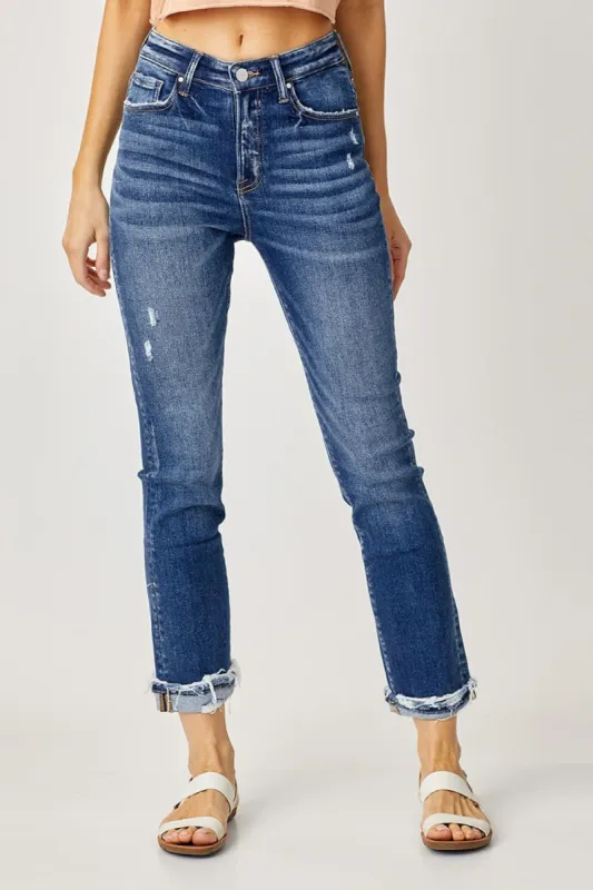Risen Full Size High-Rise Frayed Cuffed Straight Jeans sold by The Dogwood Boutique
