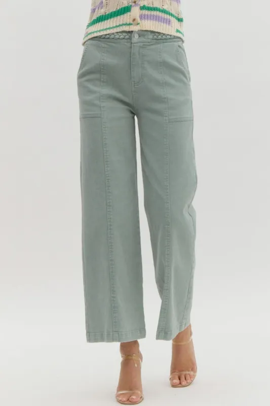 Seafoam High Waisted Wide Leg Ankle Jeans with Braided Waist Detail sold by The Dogwood Boutique