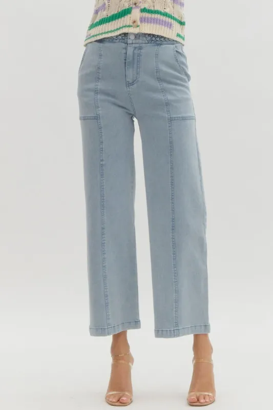 Light Blue High Waisted Wide Leg Ankle Jeans with Braided Waist Detail sold by The Dogwood Boutique
