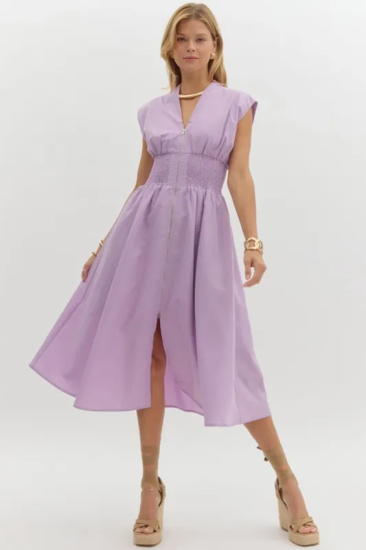 Lavender Front Zip Midi Dress sold by The Dogwood Boutique
