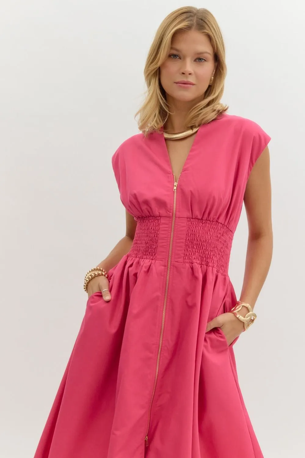 Hot Pink Front Zip Midi Dress sold by The Dogwood Boutique product image thumbnail 4