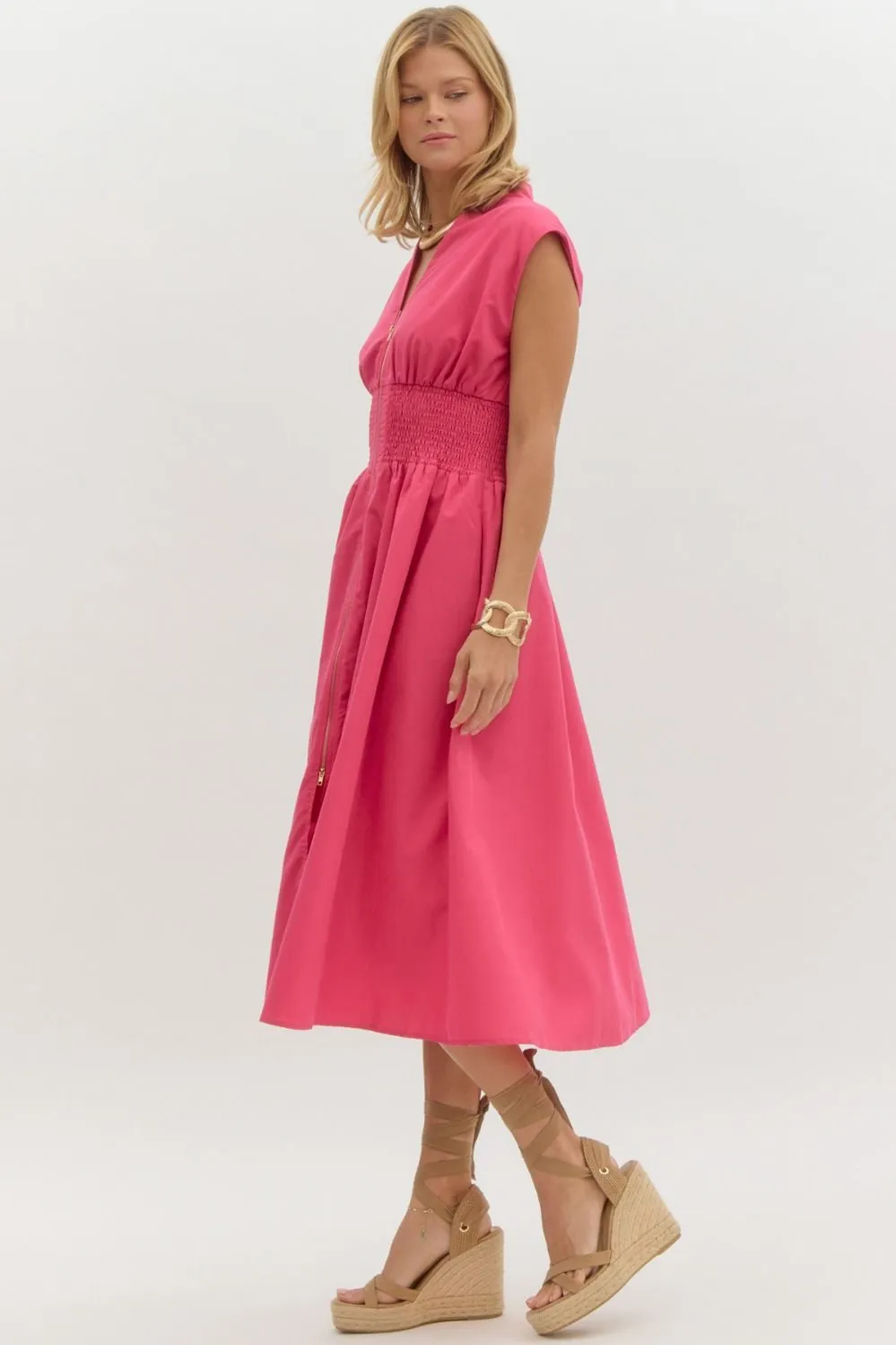 Hot Pink Front Zip Midi Dress sold by The Dogwood Boutique product image thumbnail 2