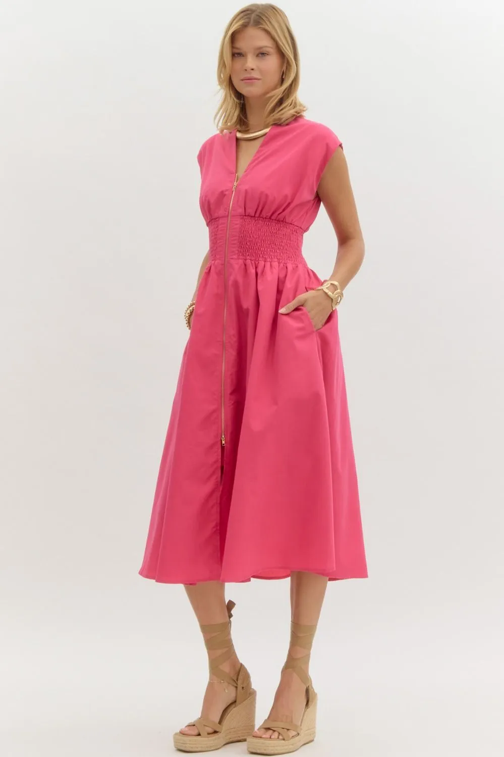 Hot Pink Front Zip Midi Dress sold by The Dogwood Boutique