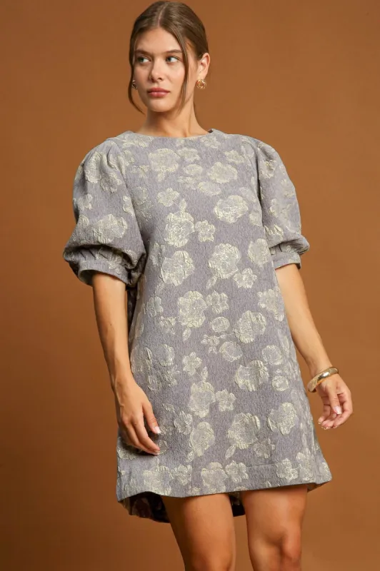 Umgee Floral Jacquard Puff Sleeve Mini Dress sold by The Dogwood Boutique
